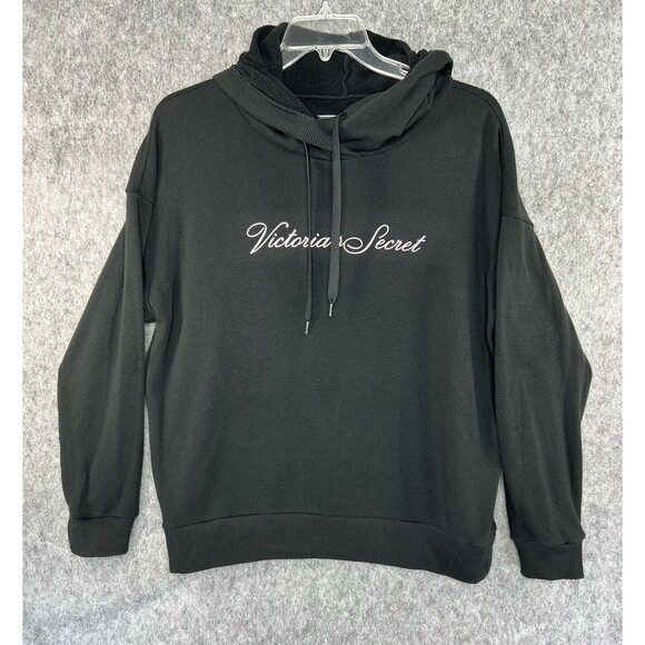 Victoria's Secret Women Sweatshirt Large Black Hoodie Cropped Logo Fleece - Picture 1 of 9